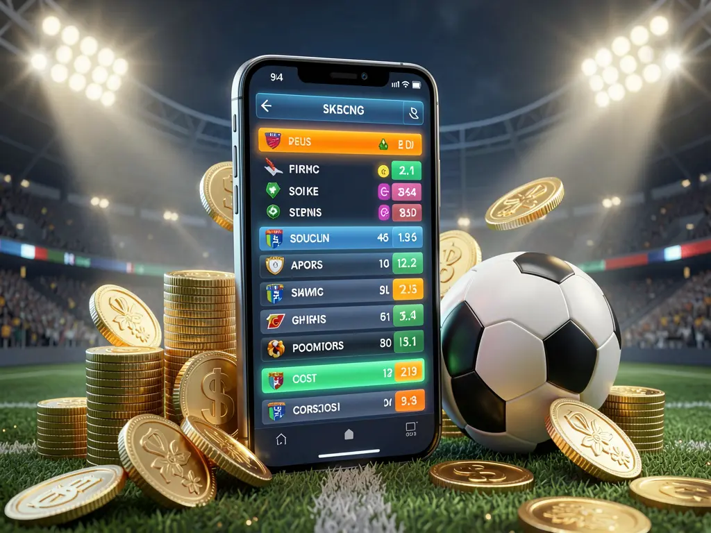 Visual moderno de apostas de futebol DE836 com um smartphone a exibir uma interface brilhante de cotações desportivas, rodeado por uma bola de futebol, moedas douradas e luzes de estádio numa ilustração 3D premium