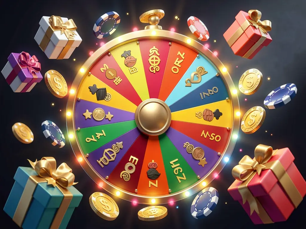 Roda de bónus de casino online DE836 com roda de prémios colorida rodeada por moedas douradas, fichas e caixas de presente, luzes brilhantes de casino a criar uma atmosfera emocionante de jackpot num fundo escuro