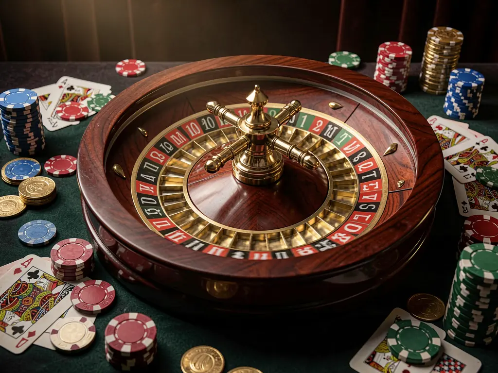 Cena clássica de casino DE836 com uma roleta a girar, fichas espalhadas, cartas de jogar e moedas sobre uma elegante mesa escura com iluminação cinematográfica