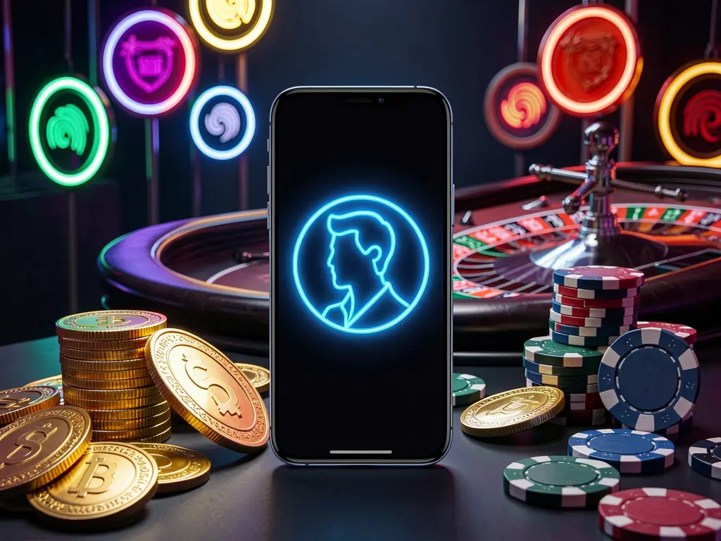 Ecrã de início de sessão do casino online DE836 com um telemóvel moderno com um ícone de perfil brilhante, luzes de roleta ao fundo e moedas douradas e fichas de póquer numa atmosfera premium escura de néon