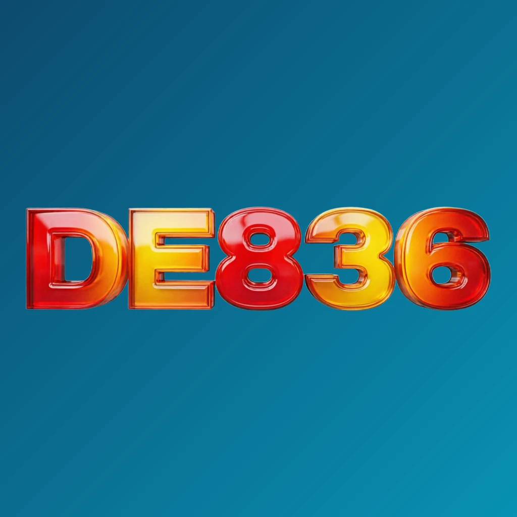 Logotipo vibrante da DE836 com tipografia pesada e ousada, cores brilhantes em vermelho, amarelo e laranja, efeito 3D brilhante, design moderno e energético em fundo transparente, composição horizontal larga para cabeçalho de site